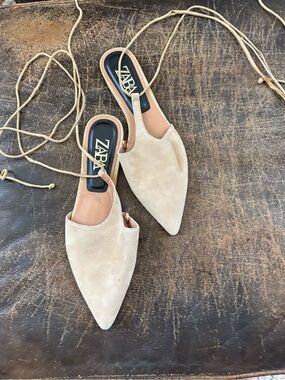 Zara tan t-strap lace up flats sandals Sz 9